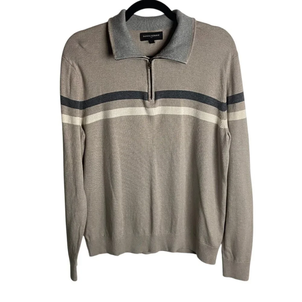 Banana Republic Men's Size L Cashmere Blend Quater Zip Sweater Striped Tan Grey